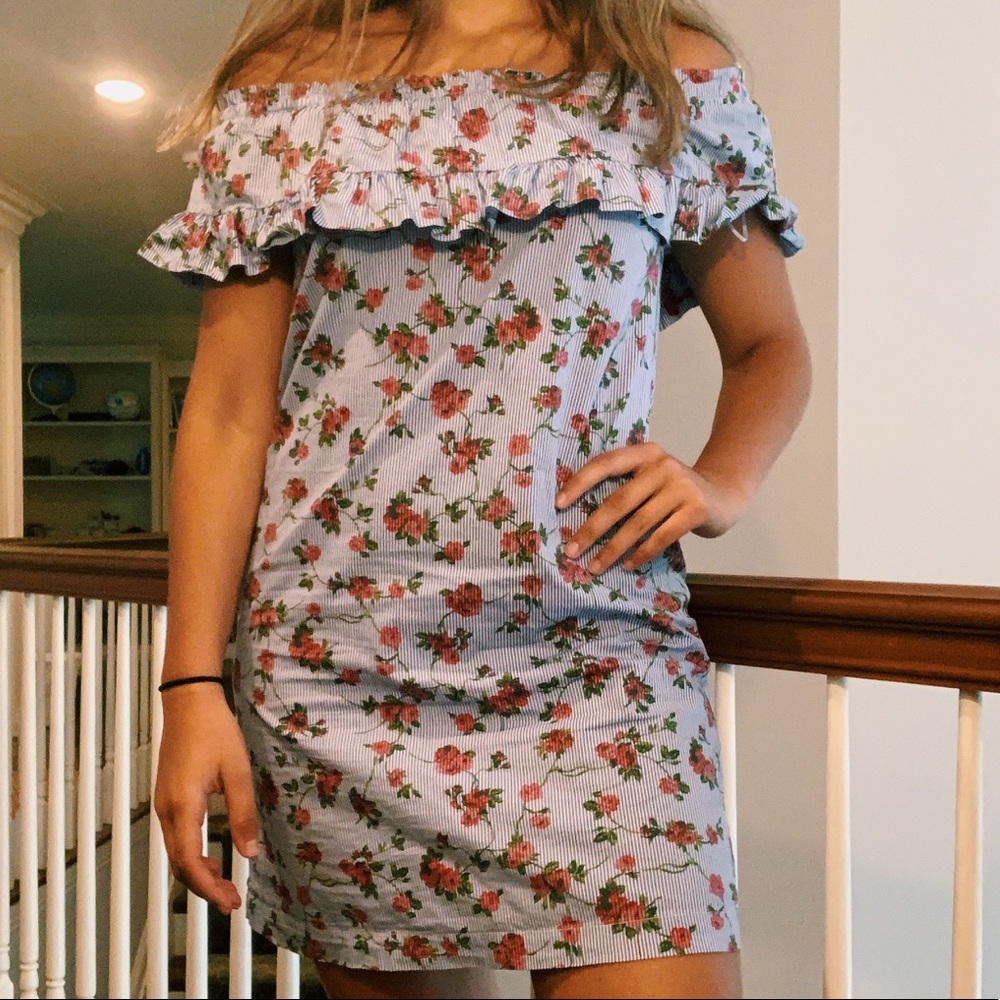 Off the Shoulder Red Floral Blue Striped Dress